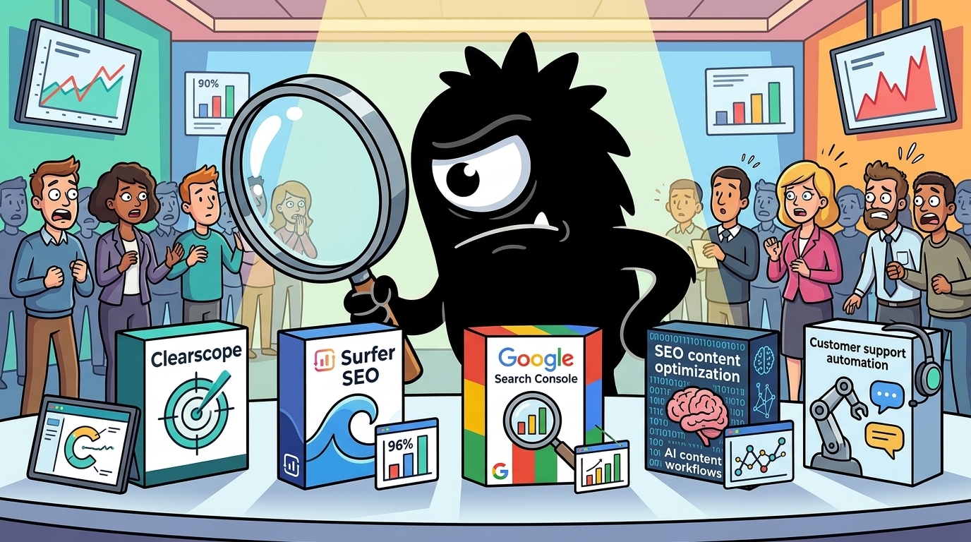 AdTools Monster Mascot reviewing products: Clearscope vs Surfer SEO: Which Is Best for Customer Support