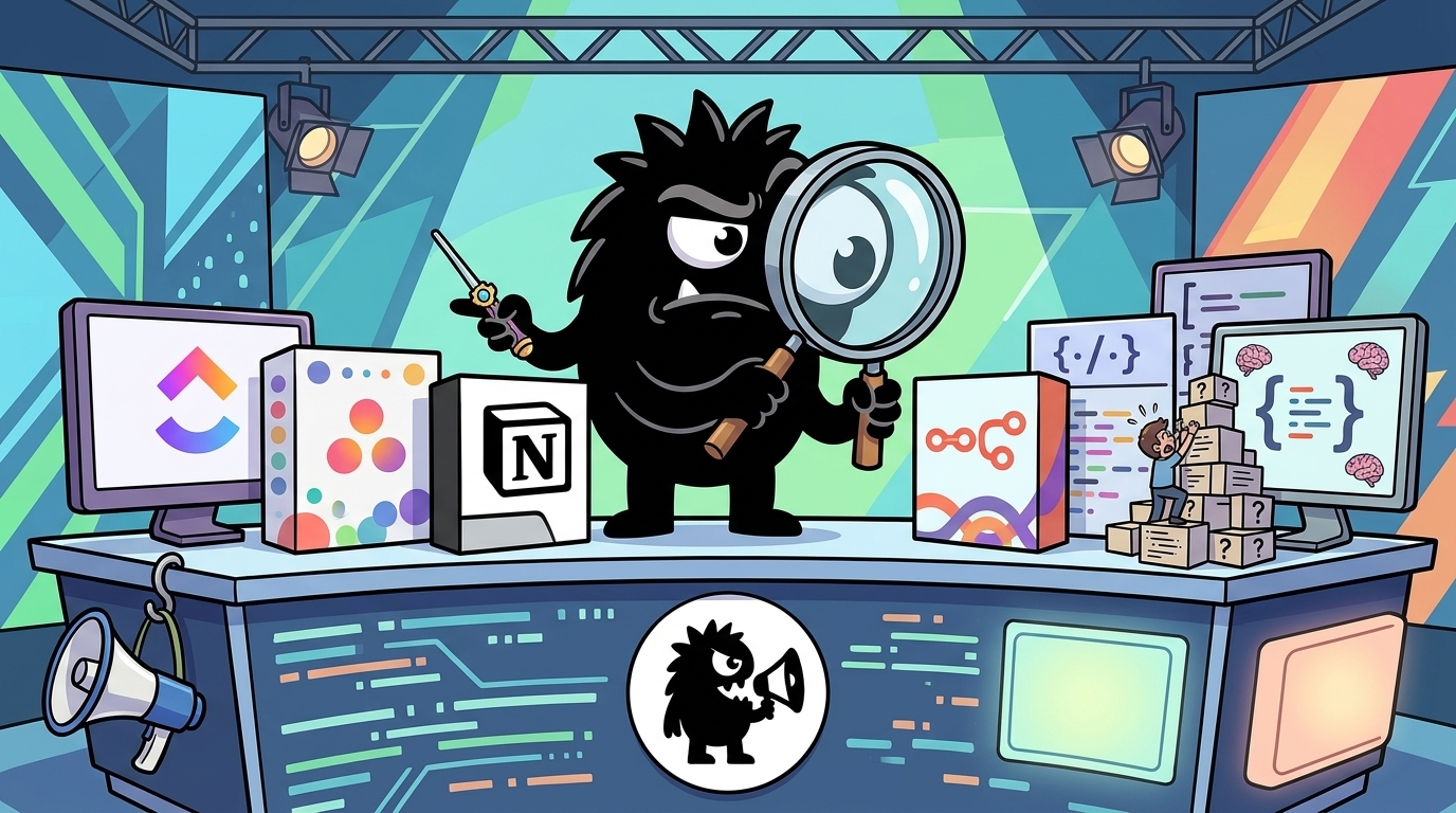 AdTools Monster Mascot reviewing products: ClickUp vs Asana vs Notion: Which Is Best for Automating Bus