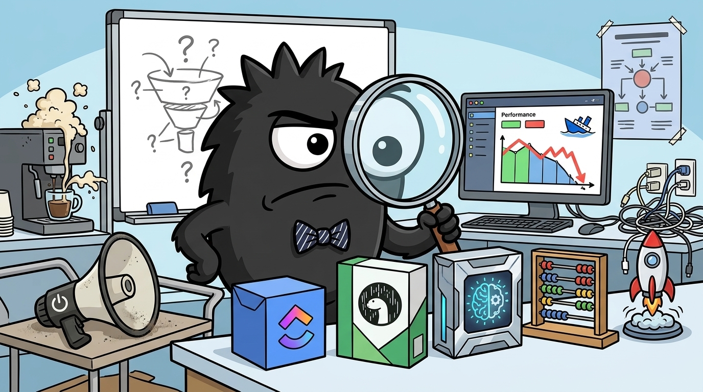AdTools Monster Mascot reviewing products: ClickUp vs Deno Deploy: Which Is Best for Startup Founders a