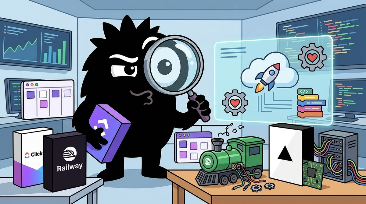AdTools Monster Mascot reviewing products: ClickUp vs Railway vs Vercel: Which Is Best for Building Saa