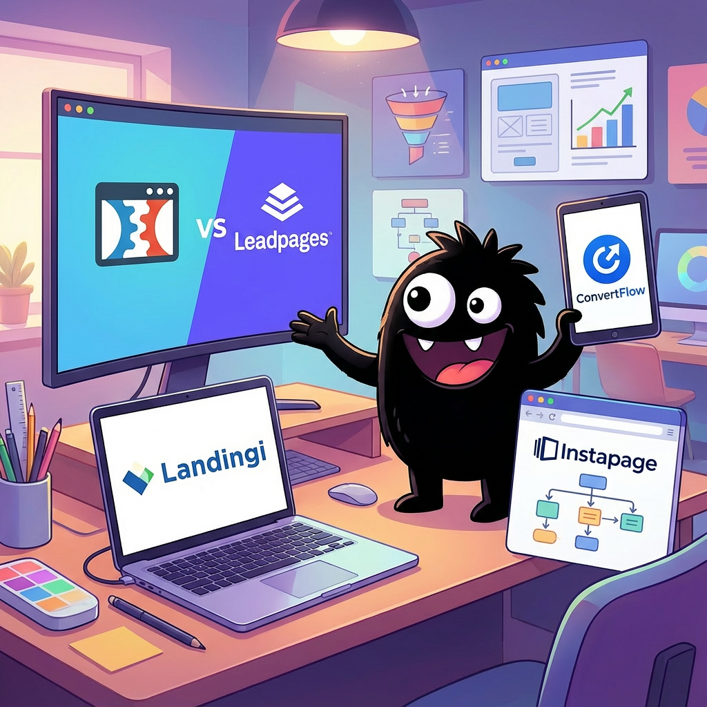 AdTools Monster Mascot reviewing products: ConvertFlow vs Landingi vs ClickFunnels vs Leadpages: Landin