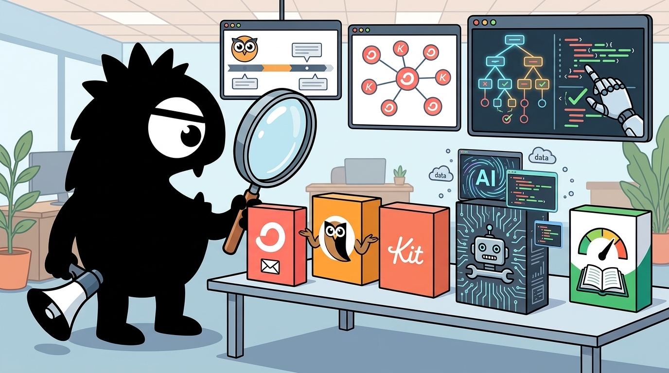 AdTools Monster Mascot reviewing products: ConvertKit vs Hootsuite vs Real Developer Tools: Which Is Be