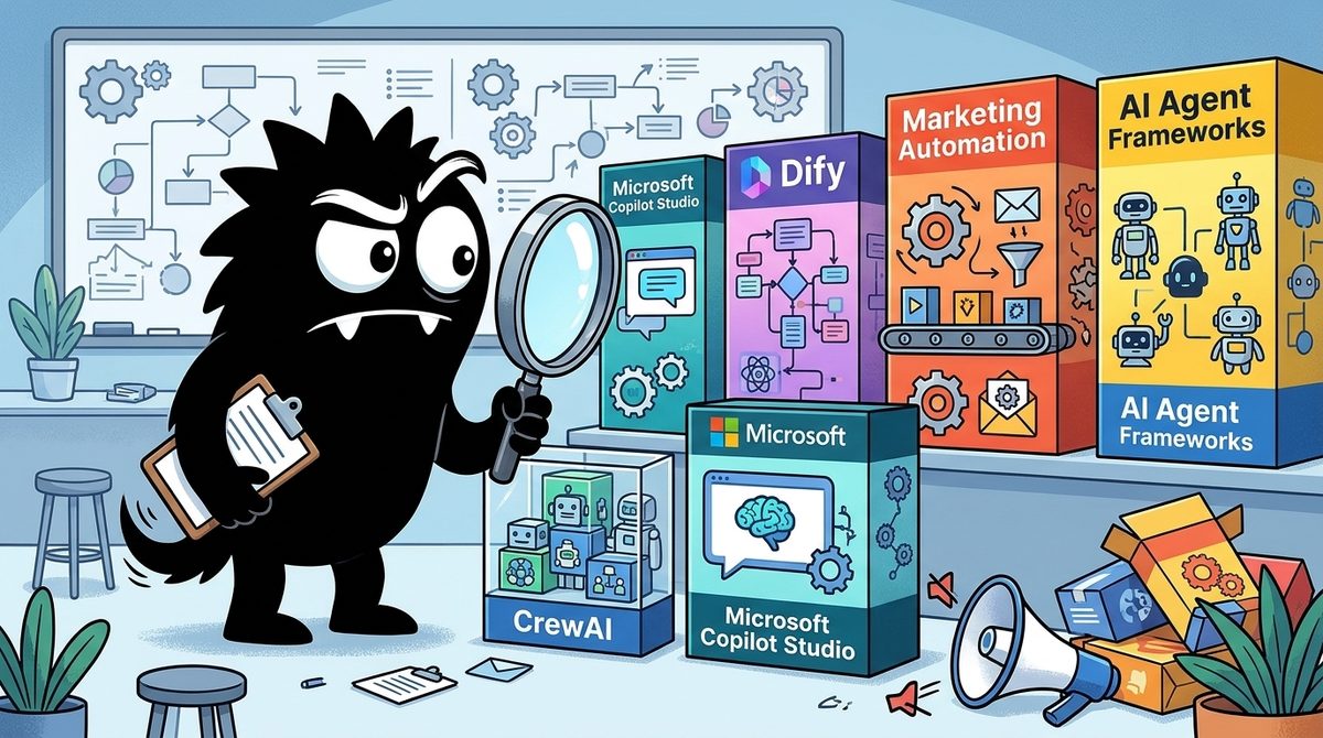 AdTools Monster Mascot reviewing products: CrewAI vs Copilot Studio vs Dify: Which Is Best for Marketin