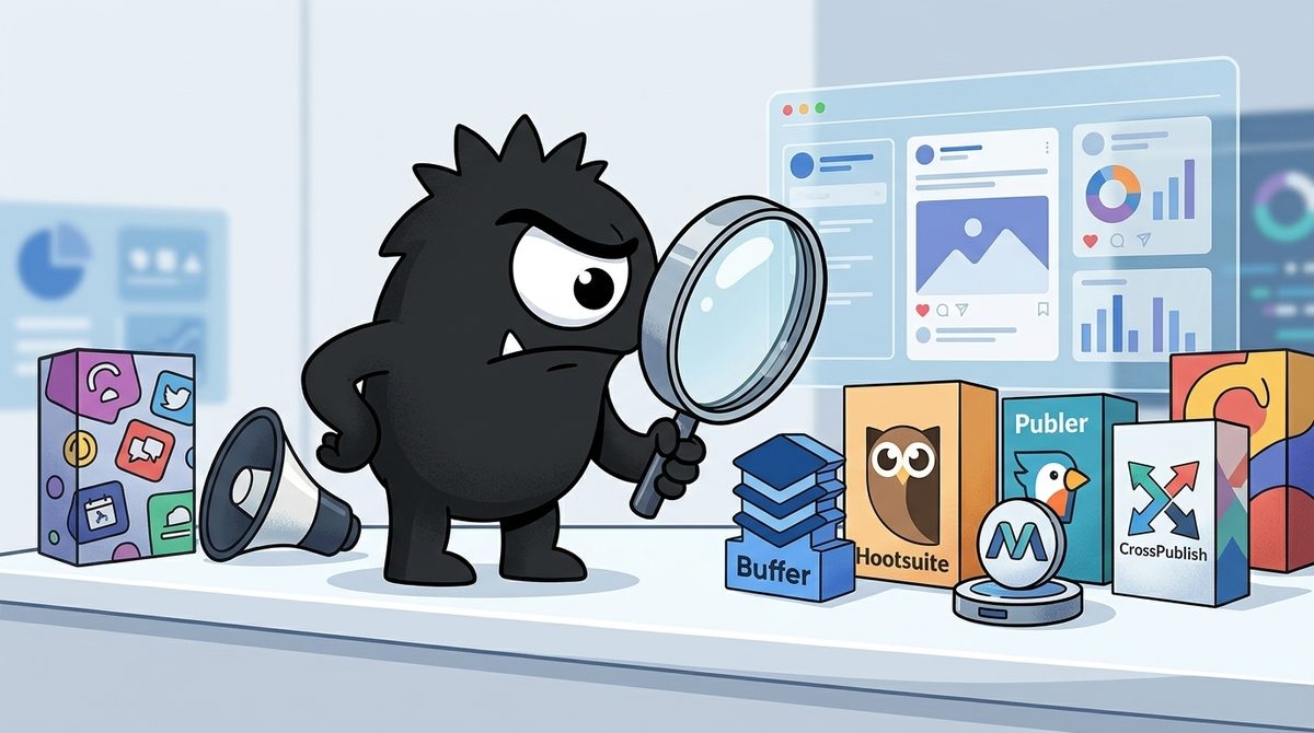 AdTools Monster Mascot reviewing products: CrossPublish vs Buffer vs Publer vs Hootsuite: Which Schedul