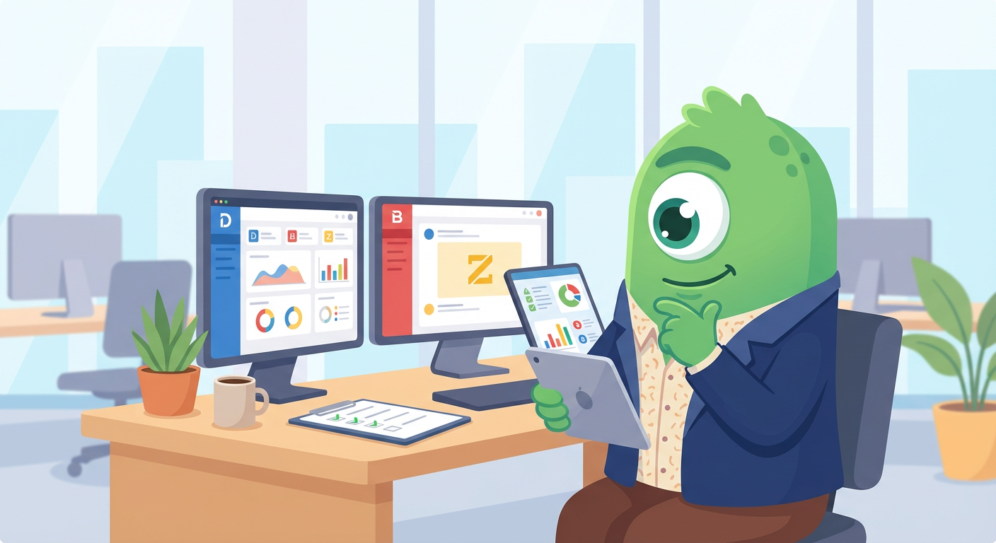 AdTools Monster Mascot reviewing products: Demandbase vs Bombora vs ZoomInfo vs 6sense: Intent Data Pro