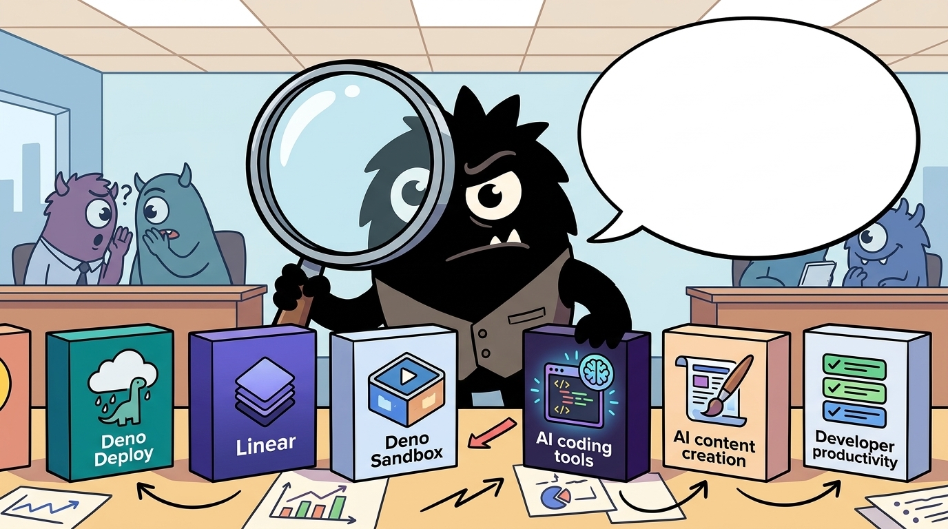 AdTools Monster Mascot reviewing products: Deno Deploy vs Linear: Which Is Best for AI-Powered Content 