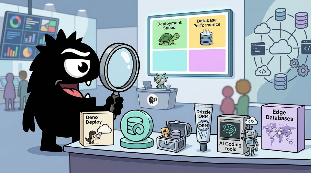 AdTools Monster Mascot reviewing products: Deno Deploy vs Turso: Which Is Best for AI Pair Programming