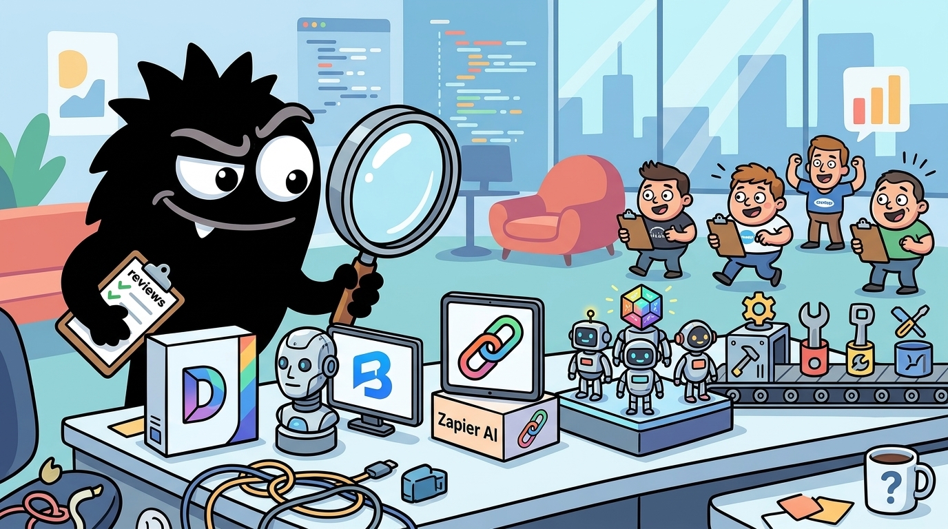 AdTools Monster Mascot reviewing products: Dify vs Botpress vs Zapier AI: Which Is Best for Startup Fou