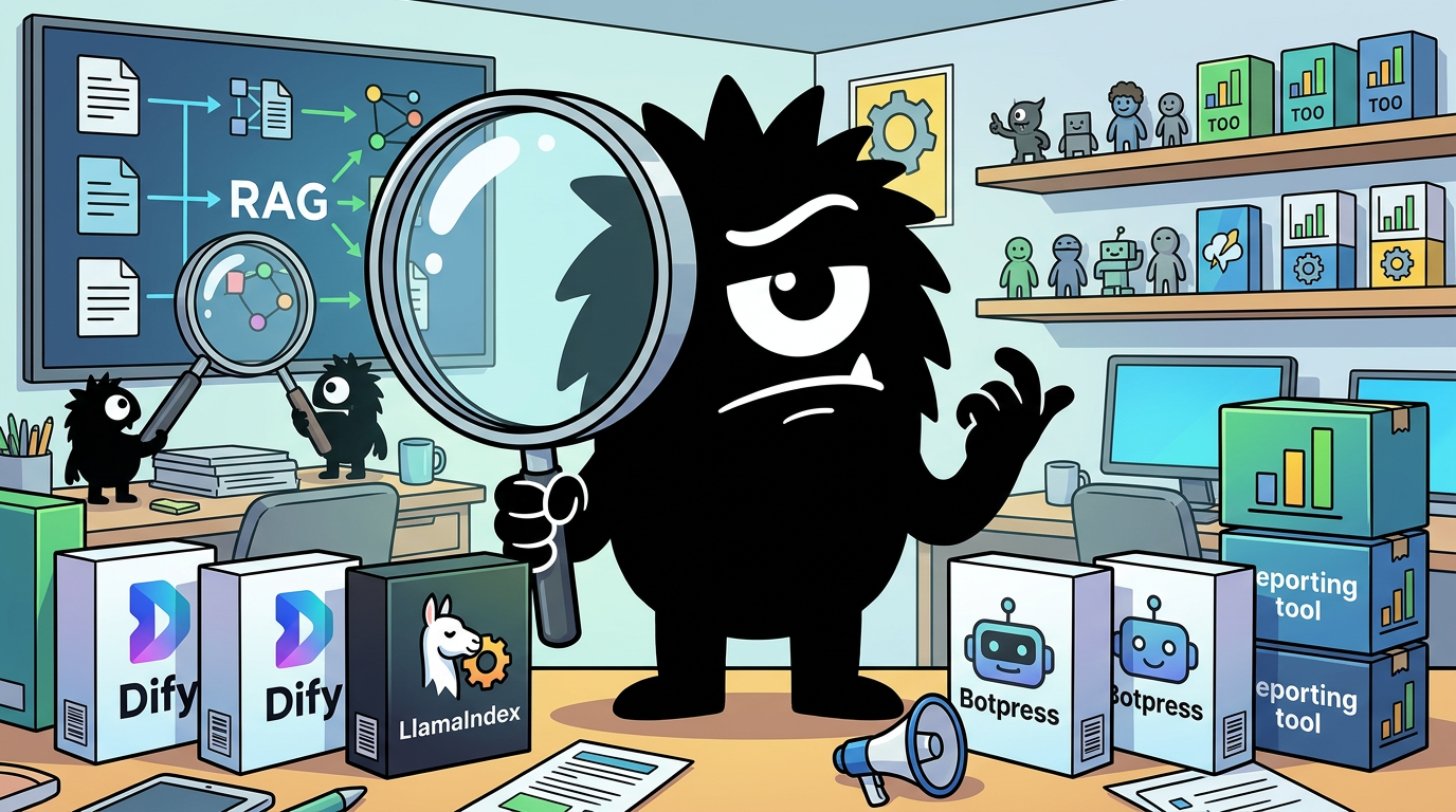AdTools Monster Mascot reviewing products: Dify vs LlamaIndex vs Botpress: Which Is Best for Data Analy
