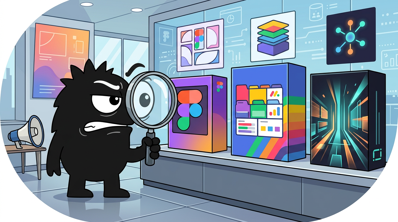 AdTools Monster Mascot reviewing products: Figma vs Monday.com vs Render: An Unlikely Showdown for AI P