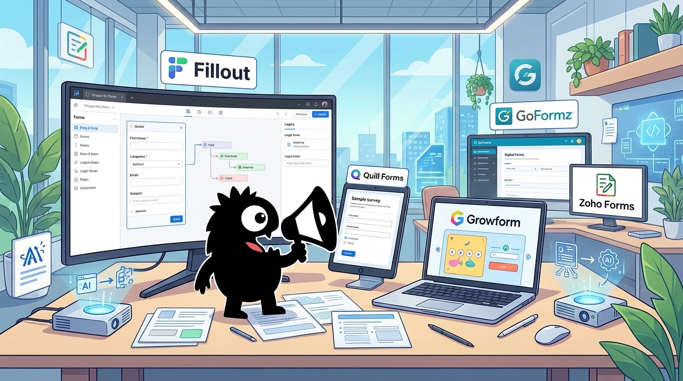 AdTools Monster Mascot reviewing products: Fillout vs Quill Forms vs Growform vs GoFormz: form-builders