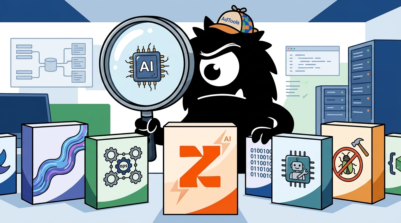 AdTools Monster Mascot reviewing products: Flowise vs AgentOps vs Zapier AI: Which Is Best for Code Rev