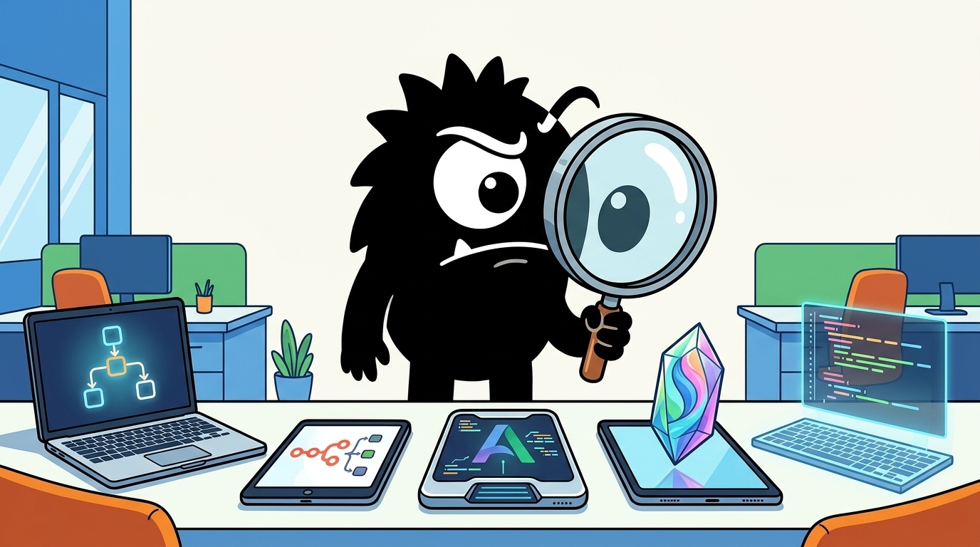 AdTools Monster Mascot reviewing products: Flowise vs n8n vs Vertex AI Agents: Which Is Best for Enterp