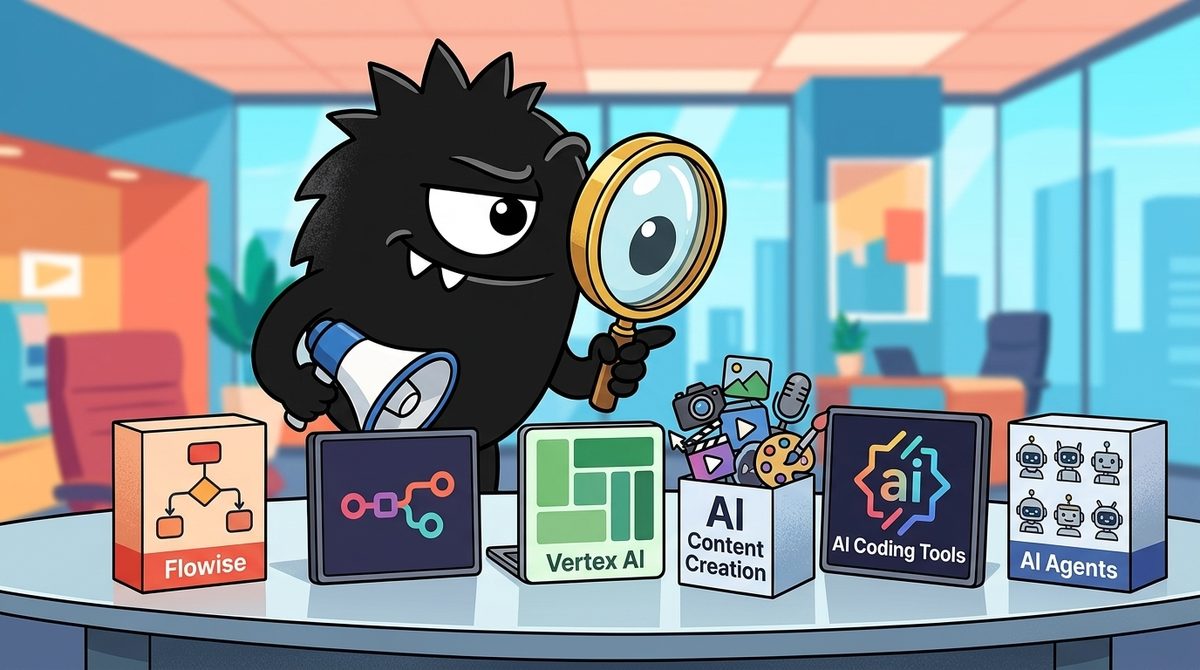 AdTools Monster Mascot reviewing products: Flowise vs Vertex AI Agents vs n8n: Which Is Best for AI Con