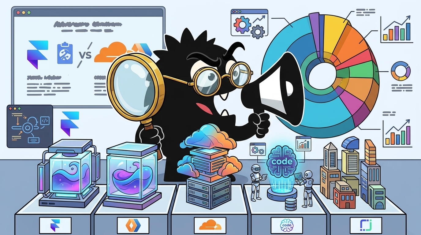 AdTools Monster Mascot reviewing products: Framer vs Render vs Cloudflare Workers: Which Is Best for En