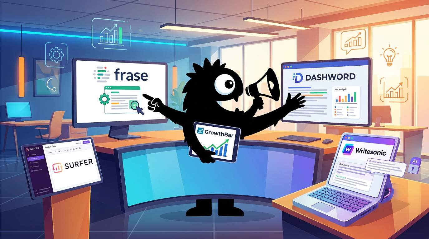 AdTools Monster Mascot reviewing products: Frase vs GrowthBar vs Dashword vs Surfer SEO: AI SEO Writing