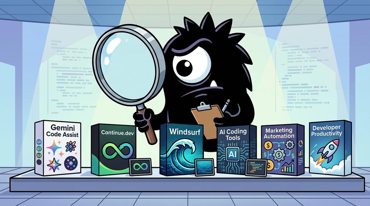 AdTools Monster Mascot reviewing products: Gemini Code Assist vs Continue.dev vs Windsurf: Which Is Bes