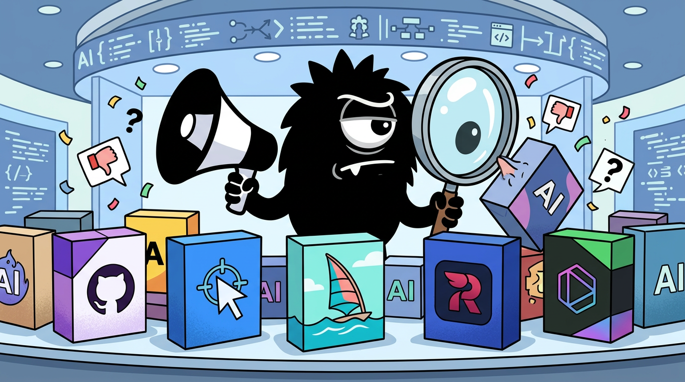 AdTools Monster Mascot reviewing products: GitHub Copilot vs Cursor vs Windsurf vs Codeium vs Replit vs