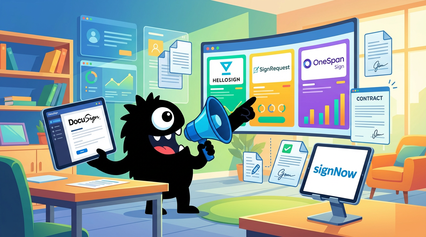 AdTools Monster Mascot reviewing products: HelloSign vs SignRequest vs OneSpan Sign vs DocuSign: eSigna