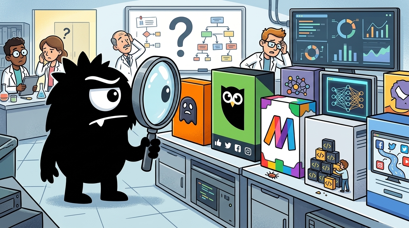 AdTools Monster Mascot reviewing products: Hootsuite vs Ghost: Which Is Best for Developer Productivity