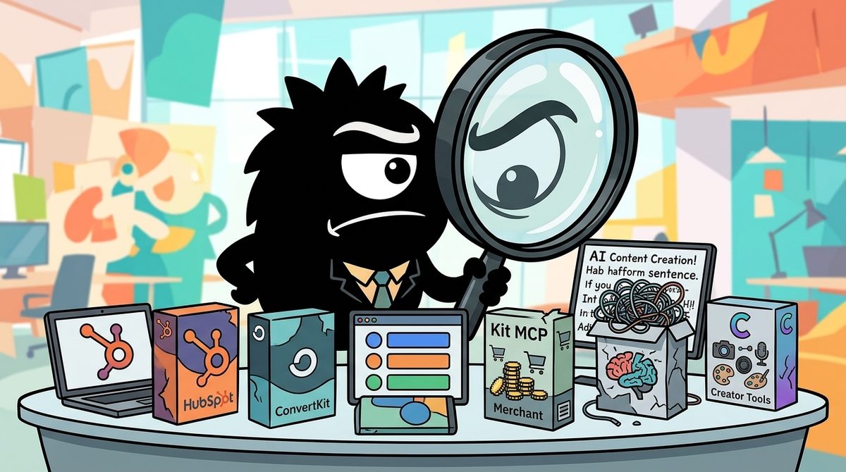 AdTools Monster Mascot reviewing products: HubSpot vs ConvertKit vs Buffer: Which Is Best for AI Conten