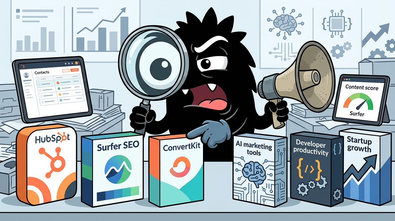 AdTools Monster Mascot reviewing products: HubSpot vs Surfer SEO vs ConvertKit: Which Is Best for Start