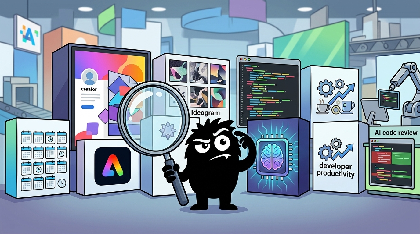 AdTools Monster Mascot reviewing products: Later vs Adobe Express vs Ideogram: Which Is Best for Code R