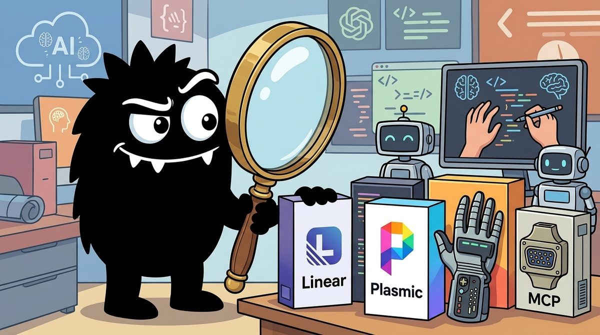 AdTools Monster Mascot reviewing products: Linear vs Plasmic: Which Is Best for AI Pair Programming in 