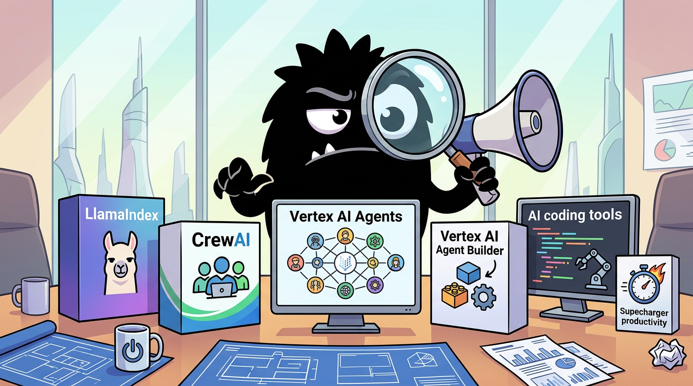 AdTools Monster Mascot reviewing products: LlamaIndex vs CrewAI vs Vertex AI Agents: Which Is Best for