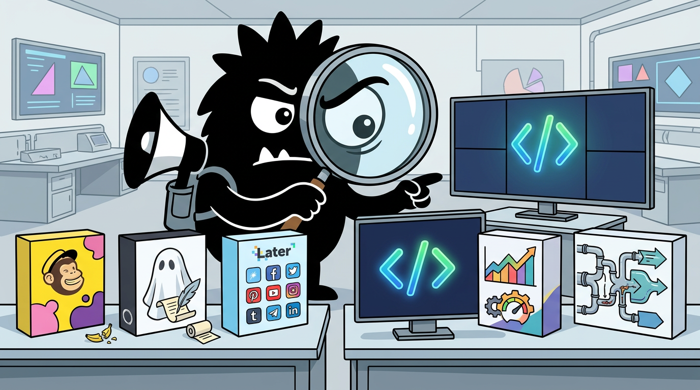 AdTools Monster Mascot reviewing products: Mailchimp vs Ghost vs Later: Which Is Best for Automating Bu