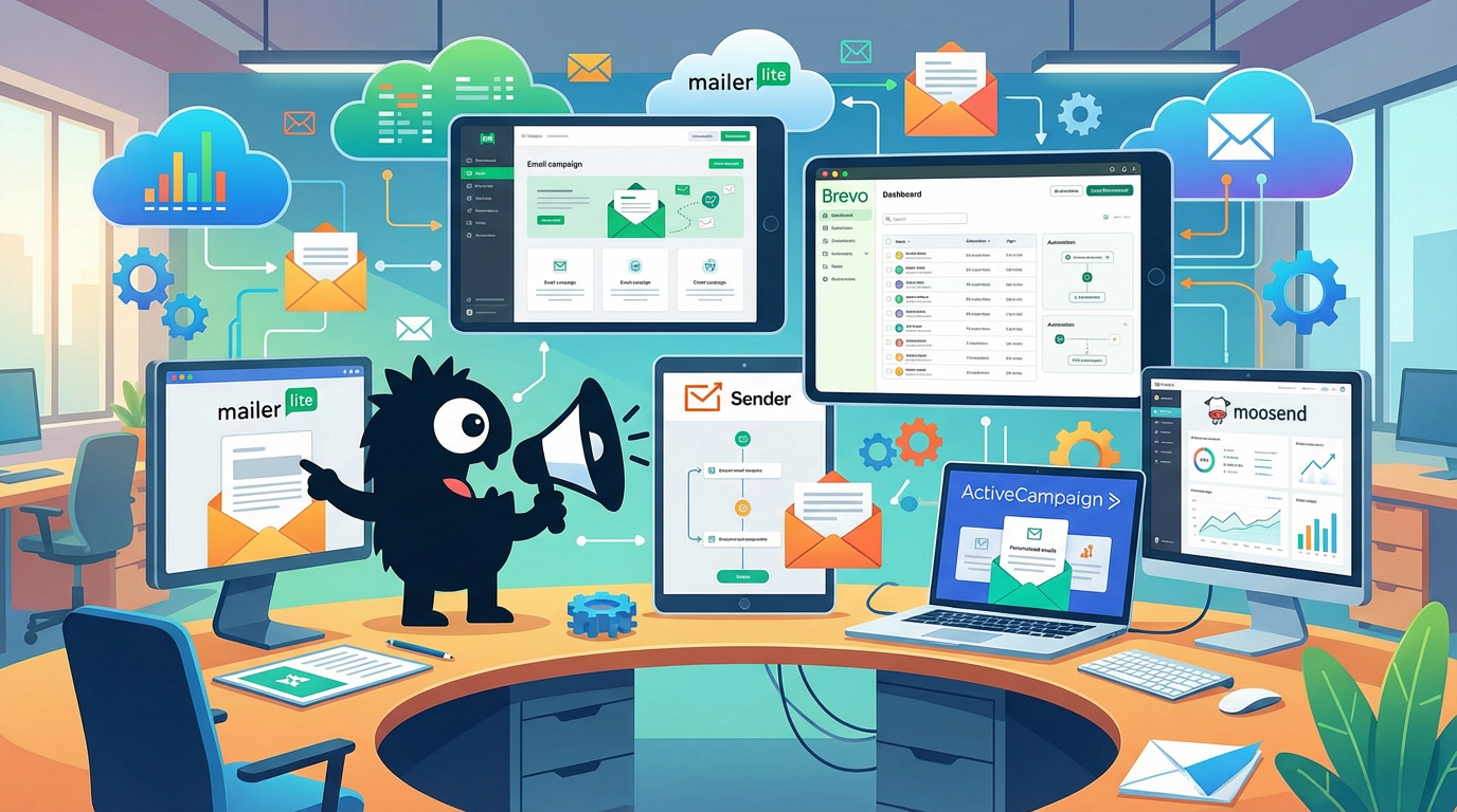 AdTools Monster Mascot reviewing products: MailerLite vs Brevo vs ActiveCampaign vs Moosend: email-mark