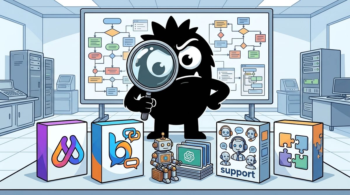 AdTools Monster Mascot reviewing products: Make vs Botpress vs OpenAI Assistants API: Which Is Best for