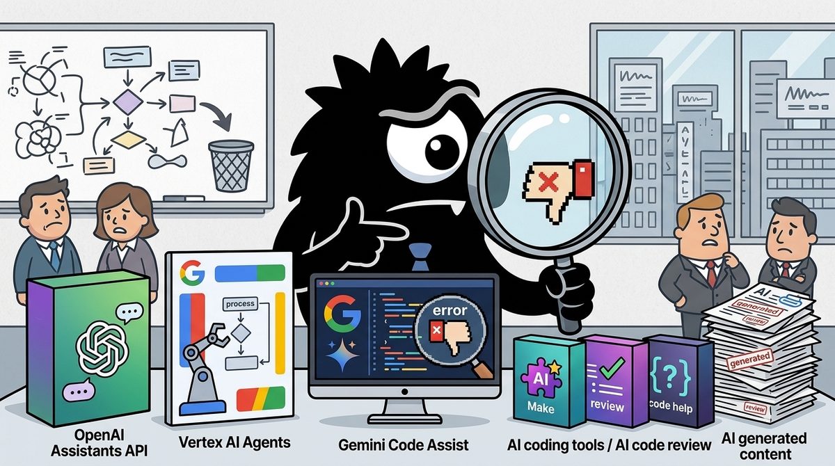 AdTools Monster Mascot reviewing products: Make vs Vertex AI Agents vs OpenAI Assistants API: Which Is 