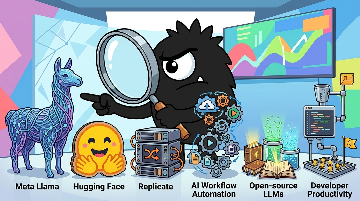 AdTools Monster Mascot reviewing products: Meta Llama vs Hugging Face vs Replicate: Which Is Best for A
