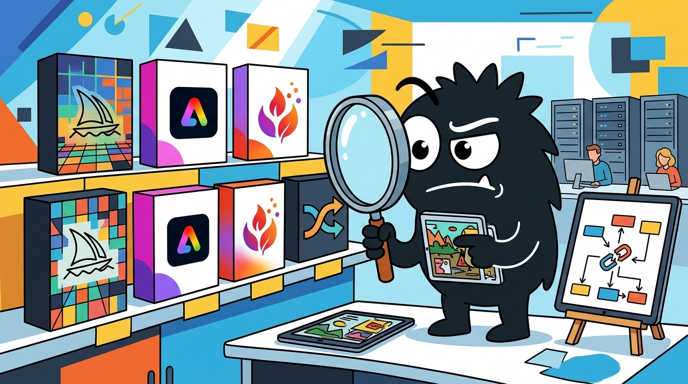 AdTools Monster Mascot reviewing products: Midjourney vs Adobe Express: Which Is Best for Developer Pro