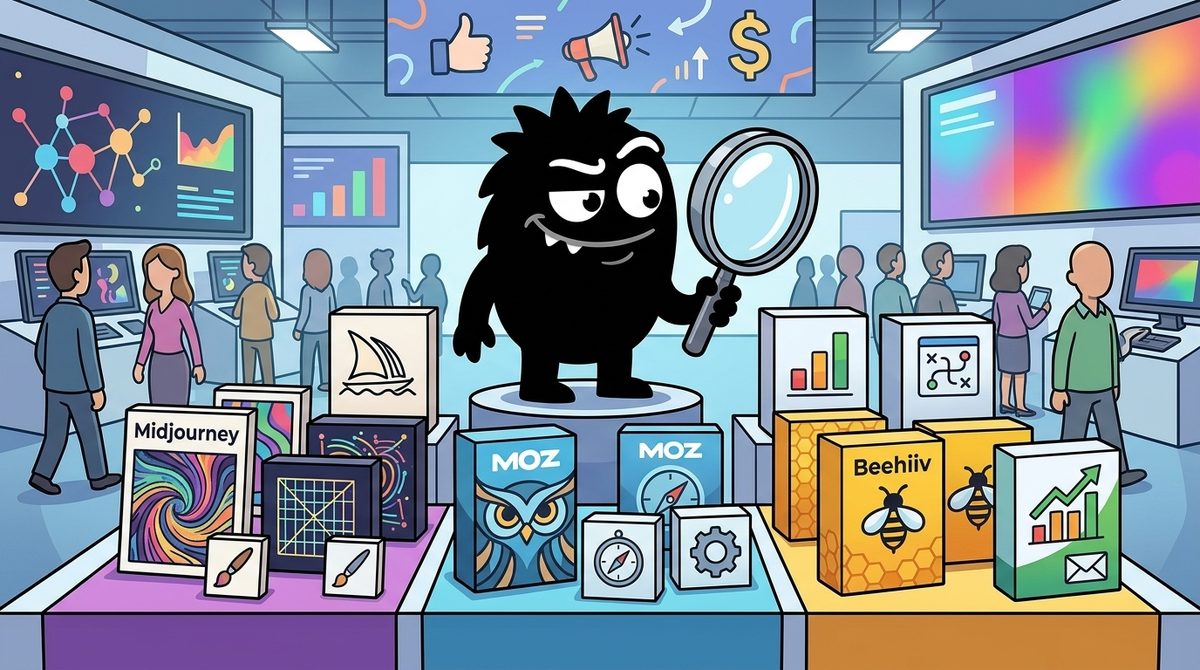 AdTools Monster Mascot reviewing products: Midjourney vs Moz vs Beehiiv: Which Is Best for Your Content