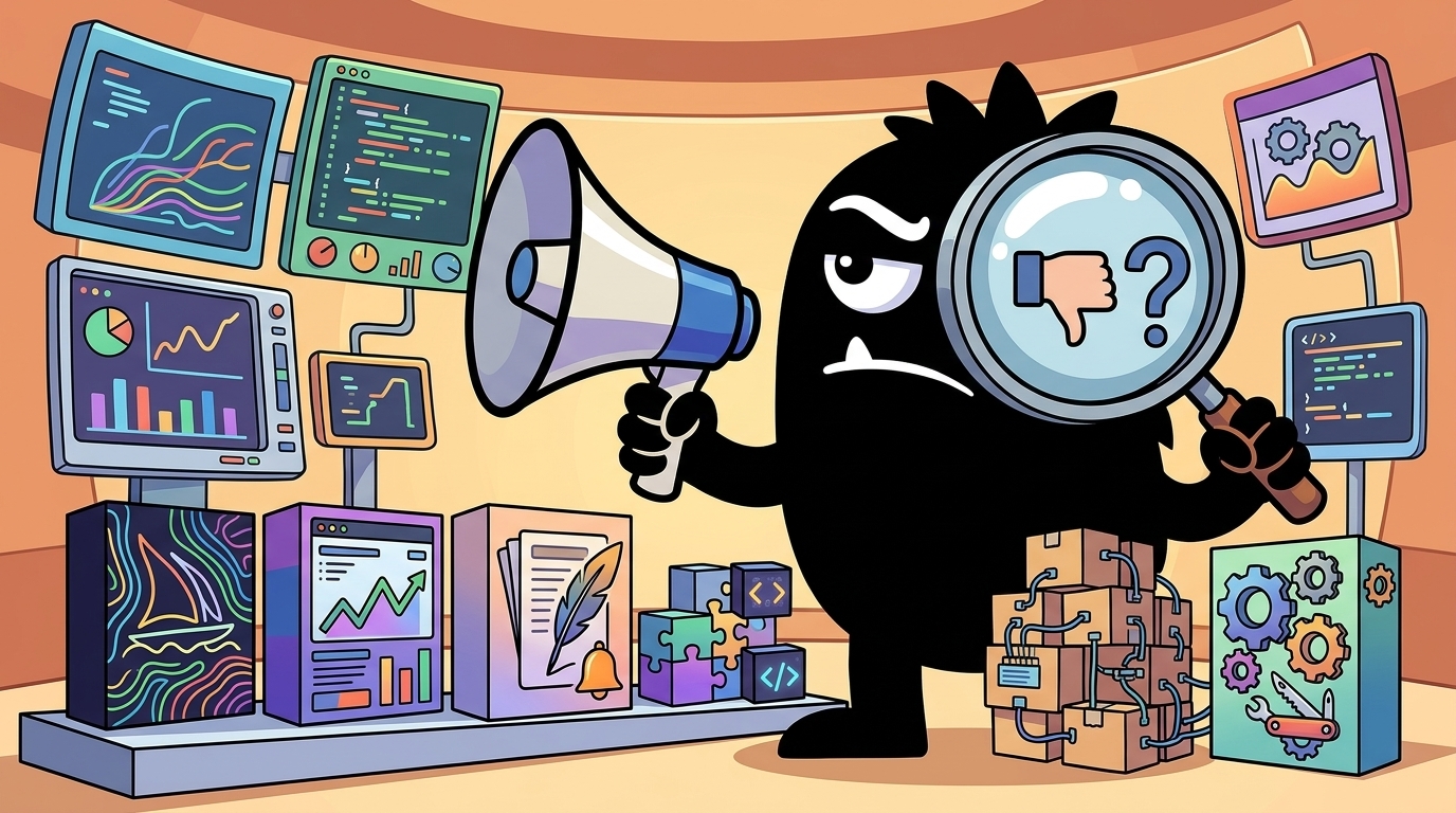 AdTools Monster Mascot reviewing products: Midjourney vs SEMrush vs Substack: Which Is Best for Buildin