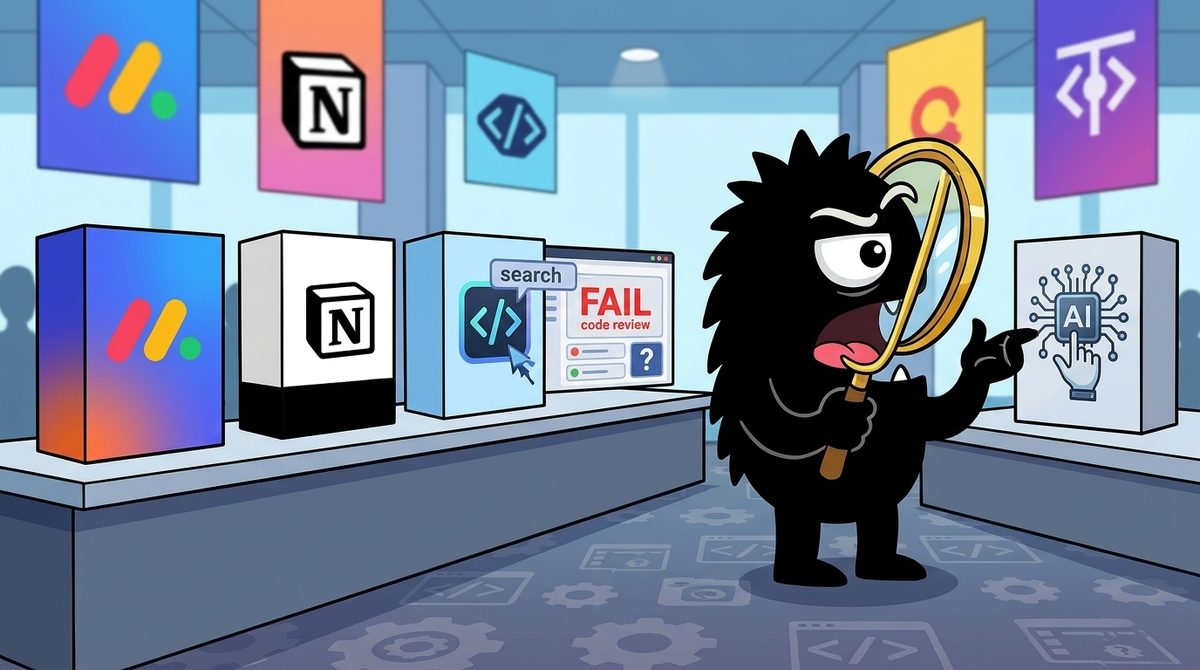 AdTools Monster Mascot reviewing products: Monday.com vs Notion: Which Is Better for Code Review and De