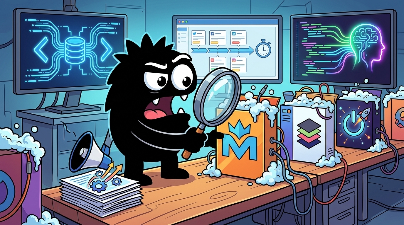 AdTools Monster Mascot reviewing products: Moz vs Buffer: Which Is Best for Code Review and Debugging i