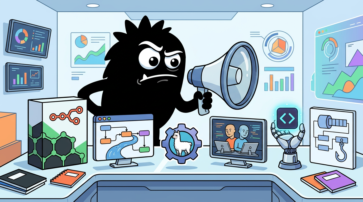 AdTools Monster Mascot reviewing products: n8n vs Flowise vs LlamaIndex: Which Is Best for AI Pair Prog