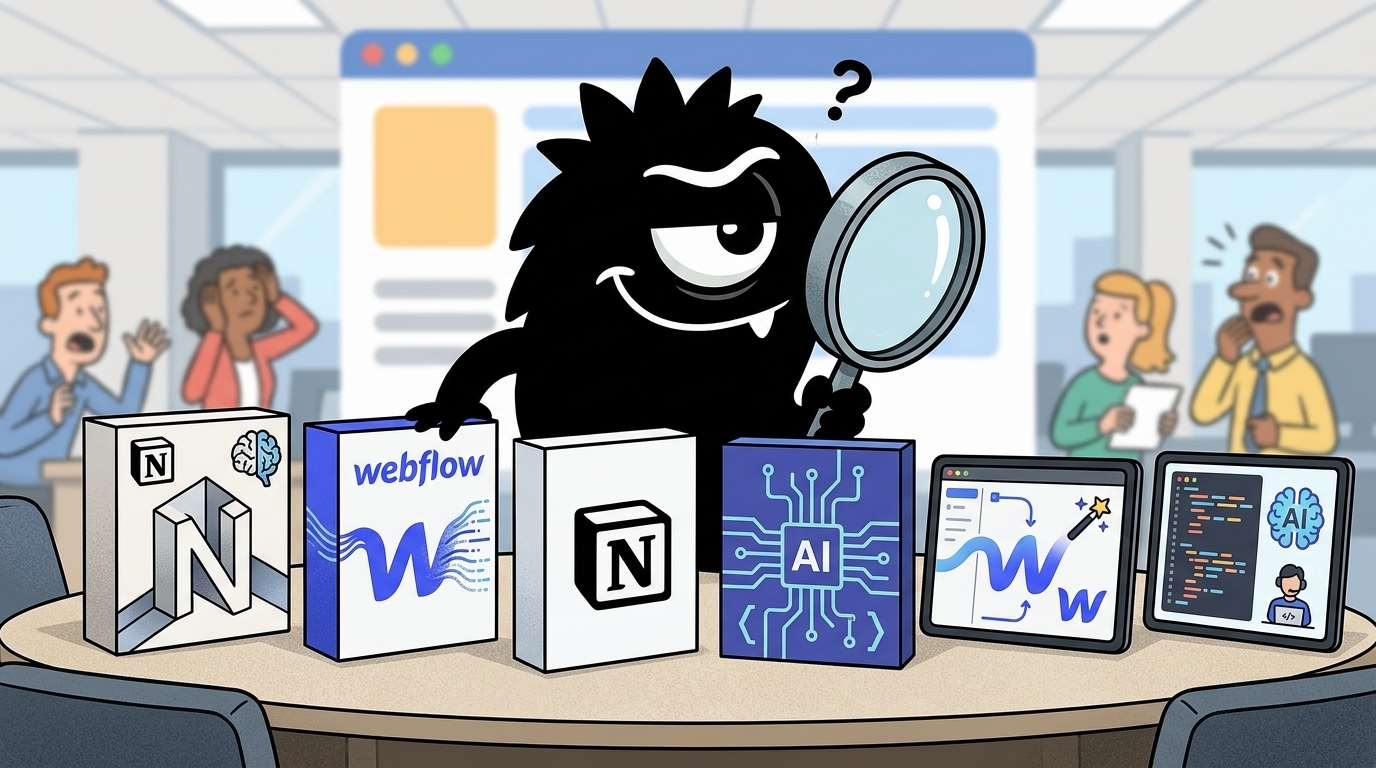 AdTools Monster Mascot reviewing products: Notion vs Webflow: Which Is Best for AI Pair Programming in 