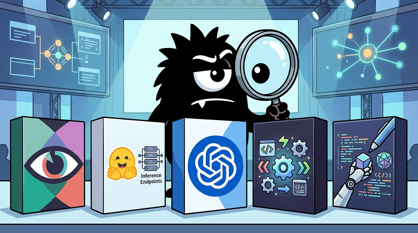 AdTools Monster Mascot reviewing products: OpenAI vs Hugging Face: Which Is Best for Developer Producti