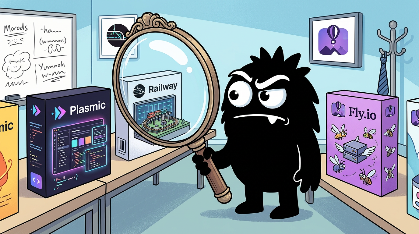 AdTools Monster Mascot reviewing products: Railway vs Plasmic vs Fly.io: Which Platform Actually Boosts