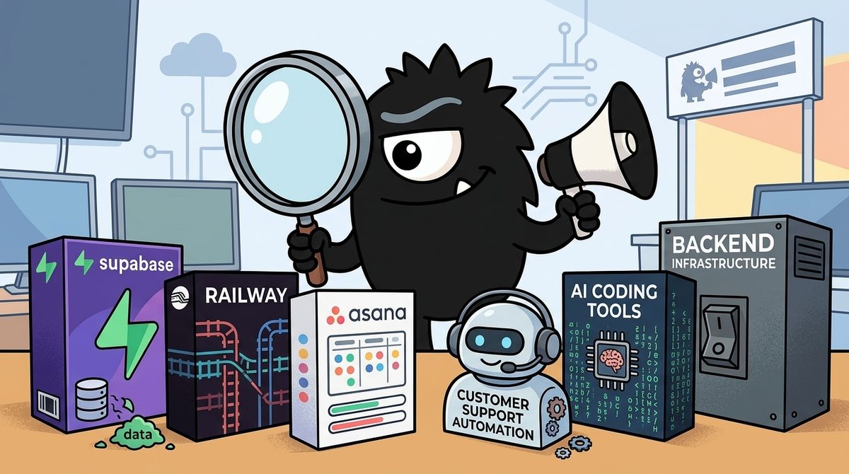 AdTools Monster Mascot reviewing products: Railway vs Supabase vs Asana: Which Is Best for Customer Sup