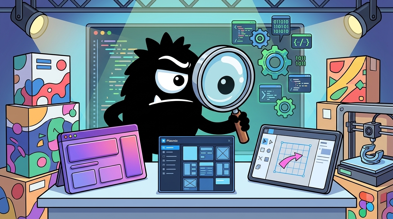 AdTools Monster Mascot reviewing products: Render vs Plasmic vs Figma: Which Is Best for Rapid Prototyp
