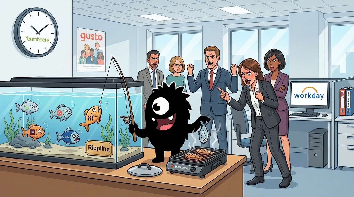AdTools Monster Mascot: Rippling vs BambooHR vs Gusto vs Workday: hr-software Buyer'