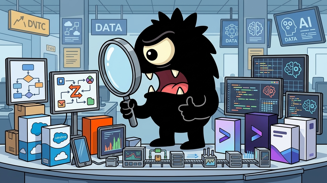 AdTools Monster Mascot reviewing products: Salesforce vs Attio: Which Is Best for Automating Business W