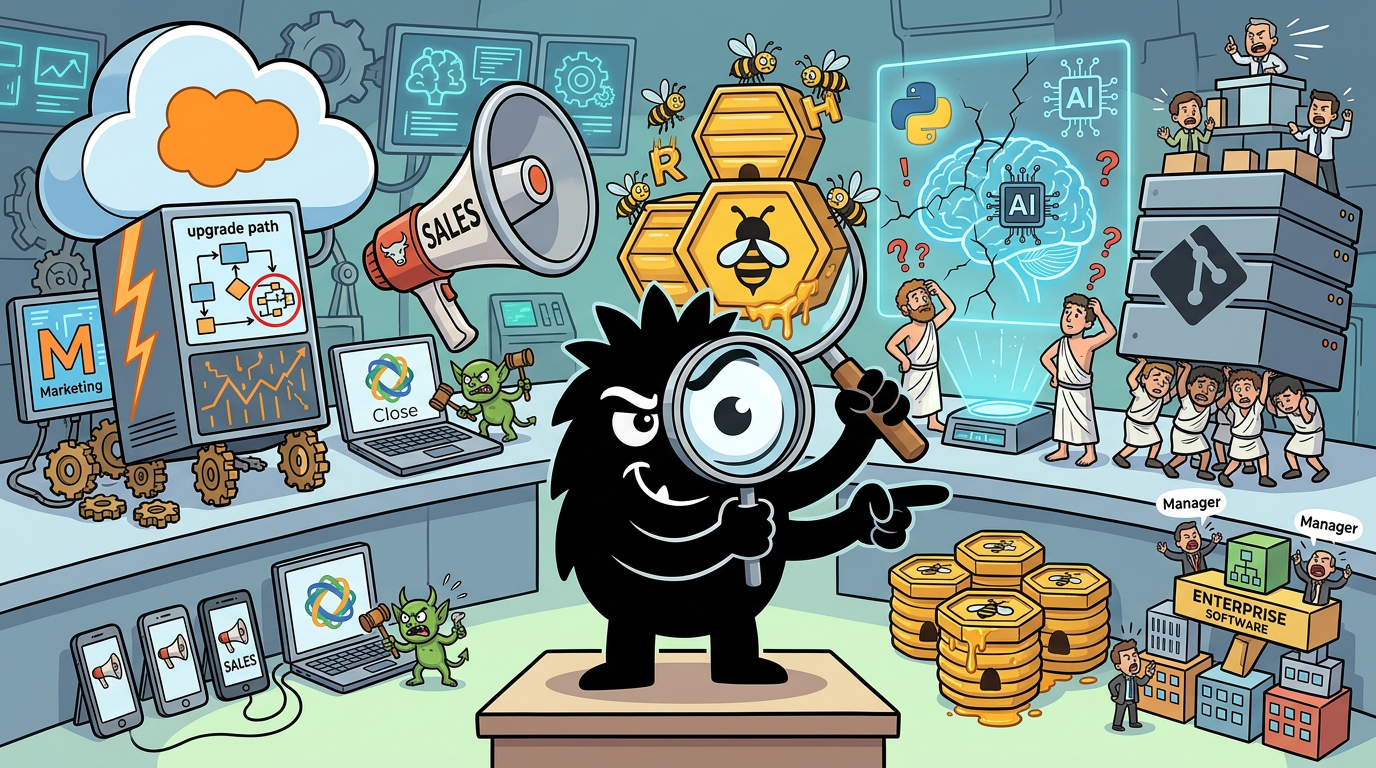 AdTools Monster Mascot reviewing products: Salesforce vs Close CRM vs Beehiiv: Which Is Best for Enterp