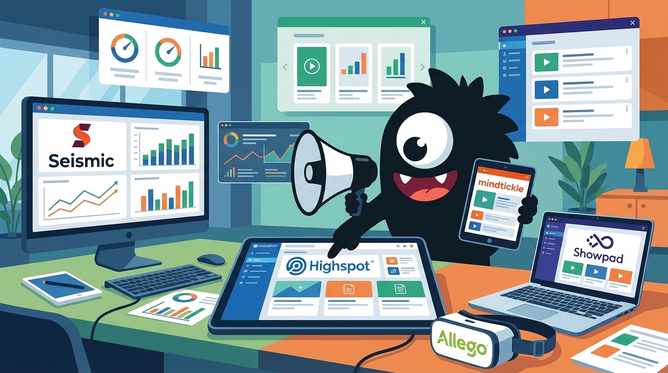 AdTools Monster Mascot reviewing products: Seismic vs Highspot vs Mindtickle vs Showpad: sales-enableme