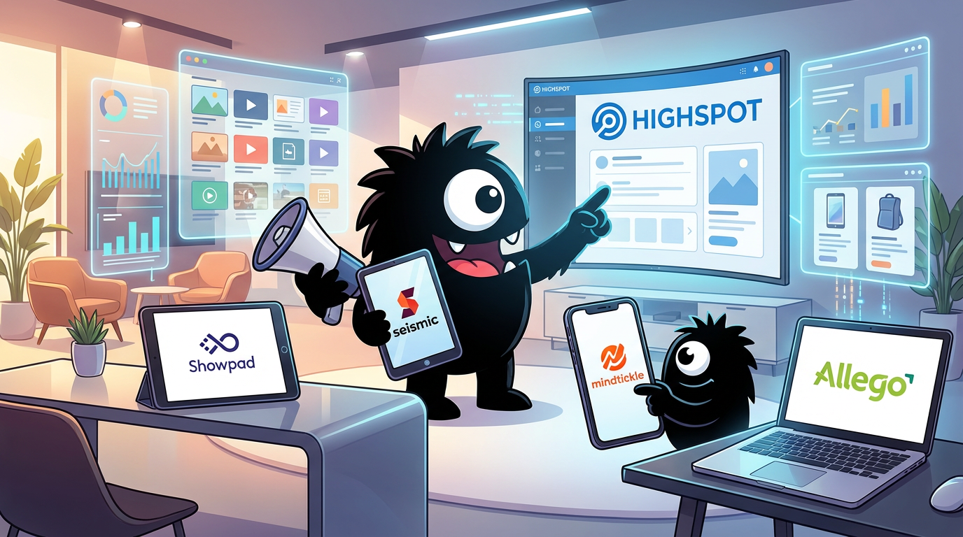 AdTools Monster Mascot reviewing products: Seismic vs Highspot vs Showpad vs Mindtickle: sales-enableme